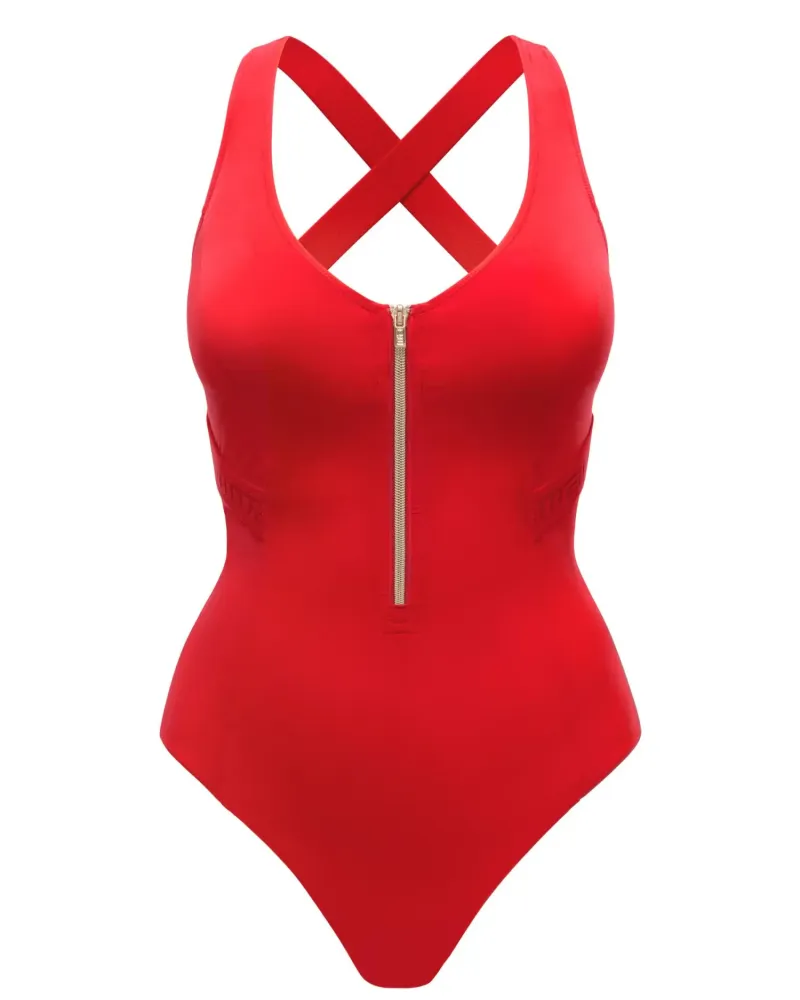 Цял бански в червен цвят Zipper