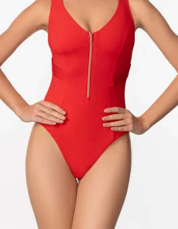 Цял бански в червен цвят Zipper