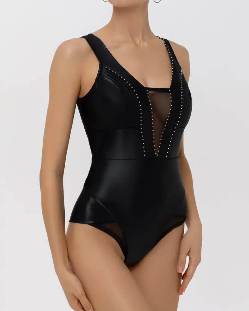 Черен цял бански с дълбоко деколте Black Couture